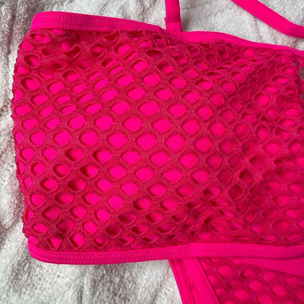 Zaful Neon Pink Fishnet Bikini SwimsuitSet XL New